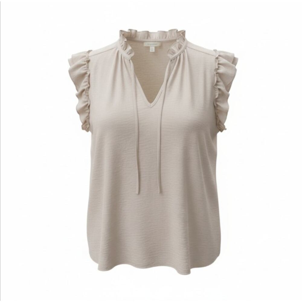 Tamara H. Ruffle (L) Sleeve V-Neck Knit Blouse Beige Sleeveless 100% Polyester